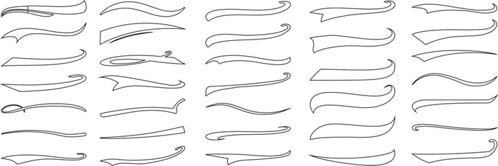 text tail Swoosh, tail designs collection, swirl line art, simple curves, elaborate swirls, plain background. Perfect for logo, branding, graphic design elements, sports, fashion, or typography - obrazy, fototapety, plakaty
