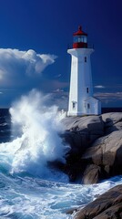 A white lighthouse on the rocky shore, waves crashing against it, blue sky, yellow light inside its