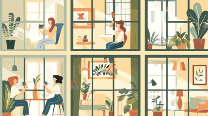 Windows with women doing daily things in their apartment