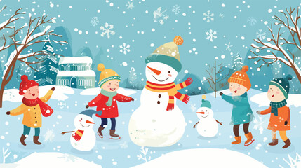 Winter children scene - kids playing outdoor in the style