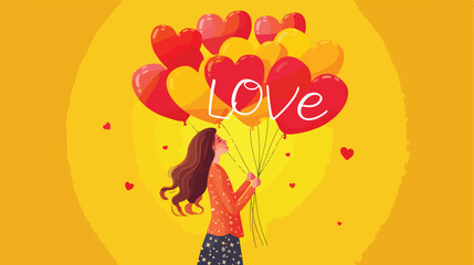 Happy young woman with air balloons in shape of word