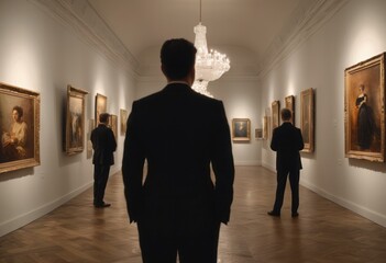 The silhouette of a man walking through an art gallery. The perspective leads to a scene of art appreciation and reflection.