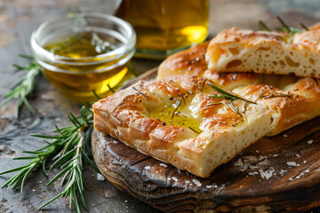 Freshly baked focaccia beside a rustic bowl of olive oil rosemary sprigs scattered 