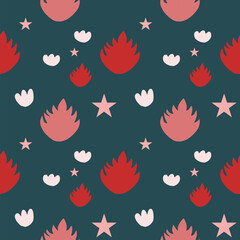 Red leaf floral seamless pattern and plants illustration on blue background