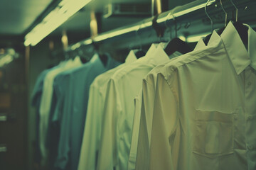 Freshly ironed shirts hanging in a row