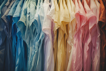 Freshly ironed shirts hanging in a row