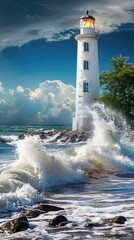 A white lighthouse on the rocky shore, waves crashing against it, blue sky, yellow light inside its - 795072011