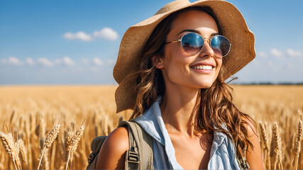 Portrait of smiling tourist enjoying  wheat field and village climate 