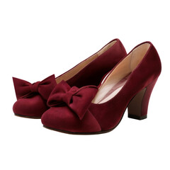 Vintage pair of women's shoes made of burgundy fabric. Isolated.