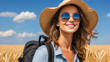 Portrait of smiling tourist with backpack in wheat field against blue sky  - Powered by Adobe