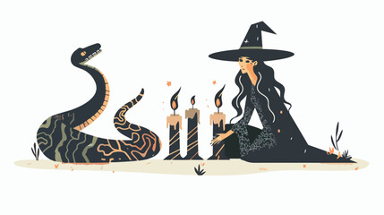Witch and magic snake. Clairvoyant with candles