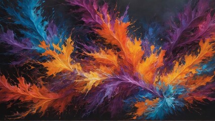 Vibrant abstract painting resembling fiery leaves. Dynamic interplay of colors and shapes.