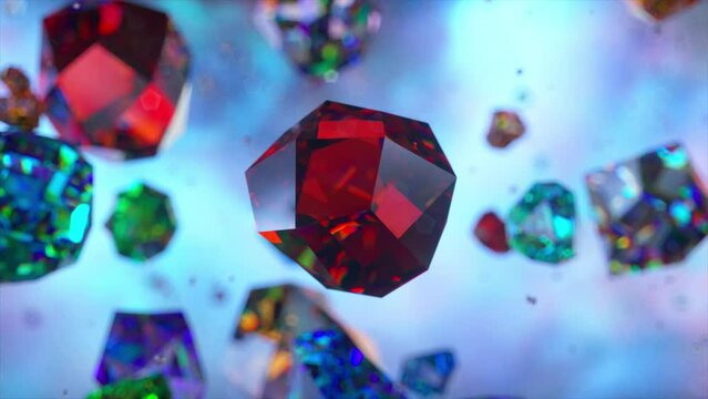 A close-up 3D animation of an explosion of colorful gems against a light blue backdrop