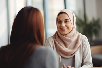 Muslim woman having a job interview. - obrazy, fototapety, plakaty