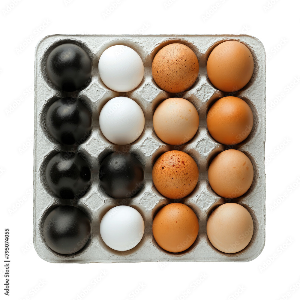 Poster a tray of eggs in both white and dark varieties set against a clean transparent background with a is