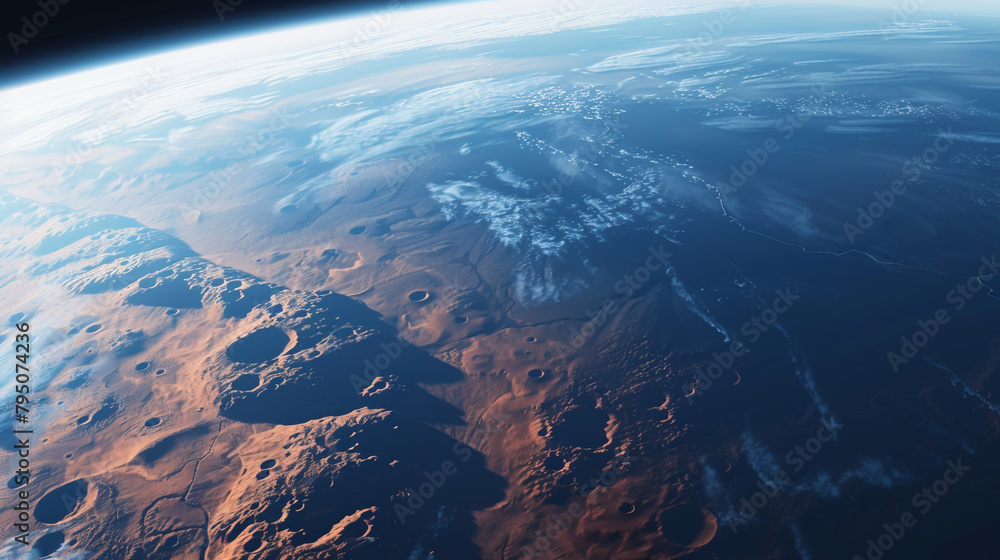 Aufkleber a view of the planet mars with a blue sky in the background. the planet is covered in red dust and h