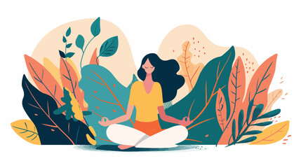Woman meditating in nature and leaves. Concept illustration
