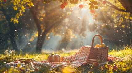 A cozy picnic spot nestled under a leafy canopy, with sunlight streaming through the trees, illuminating a checkered picnic blanket and a wicker basket filled with goodies.