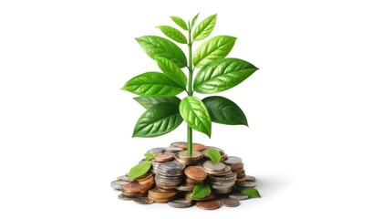 Fototapeta na wymiar Plant Growing from Pile of Coins Investment Concept 