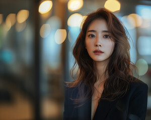 Fototapeta premium A stylish professional suit complements the portrait of a gorgeous young Asian female CEO against a blurred interior office background.