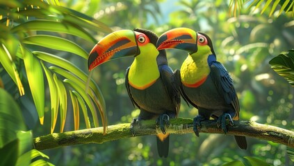 Rainforest birds: toucans perched on branches. Facing each other.