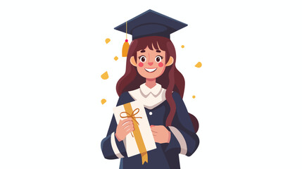 Woman holding diploma with ribbon on white background