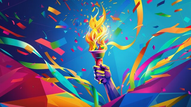 Hand holding Olympic games torch illustration in triangle geometry artwork style.