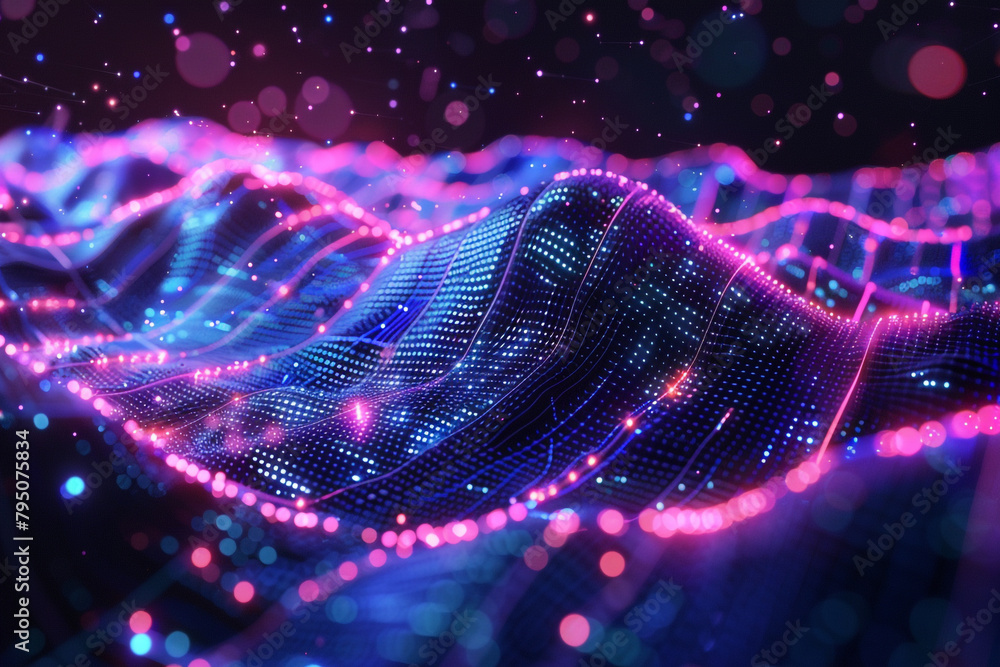 Poster futuristic binary landscape, glowing with neon intelligence and advanced digital networks in a 3d vi