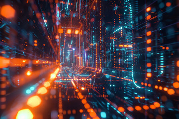 Futuristic binary landscape, glowing with neon intelligence and advanced digital networks in a 3D visualization