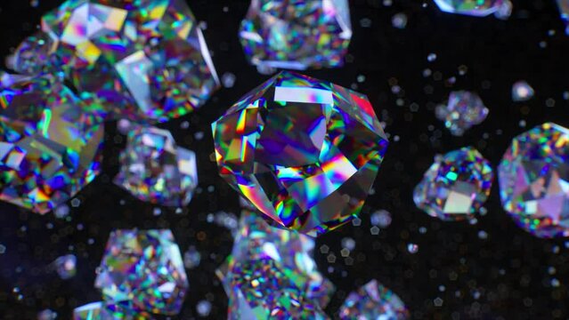 3D animation of radiant diamonds exploding in a starry space