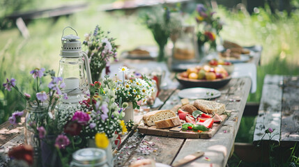A charming countryside picnic spot, with a weathered wooden table set with mason jar lanterns, wildflower bouquets, and a spread of farm-fresh delights straight from the local market.
