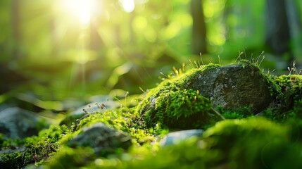 Beautiful nature scene with moss on rocks in a forest at sunrise