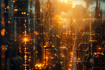 Futuristic cityscape with gold investments powering technology advancements 
