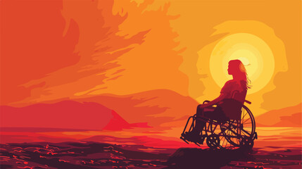 Woman sits in the wheelchair and looks on sunrise. Vector - obrazy, fototapety, plakaty