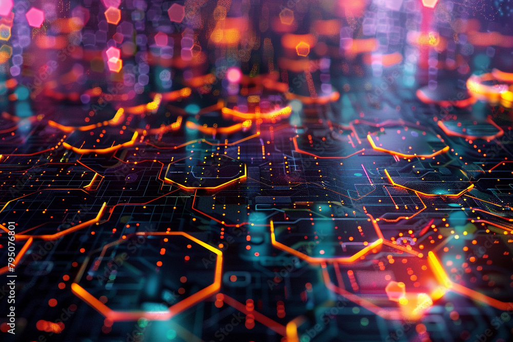 Poster futuristic cyber landscape, a digital world illuminated by vibrant hexagonal grids and dynamic techn