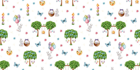 Seamless pattern with Easter elements on a white background. Different trees with Easter eggs, Bunny and chicken with Easter elements.