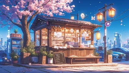 A cute small shop on the street, a coffee machine and coffee beans inside, some wooden benches outside, a city night view in the background.