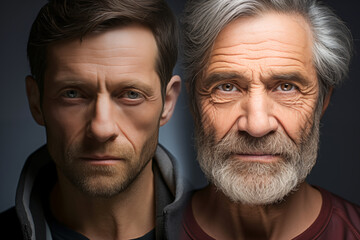 The photo on the left depicts  young man face extreme wrinkles while the photo on the right reveals a significant glowing skin.