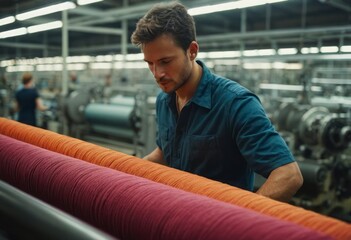 Worker overseeing machinery in a textile factory. Industrial setting with focus on textile production.
