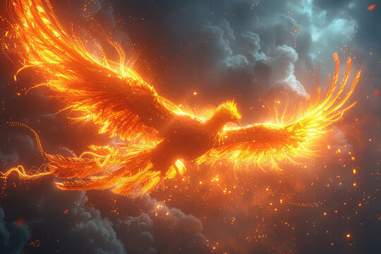  The Phoenix, the burning bird rising from ashes in a dramatic movie scene. Created with Ai