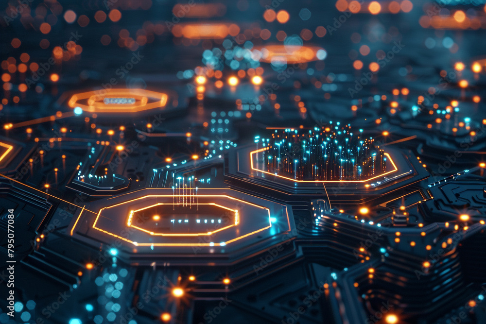 Poster futuristic cyber landscape, an abstract world of glowing digital networks and advanced hexagonal int