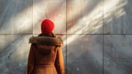 A woman in a red hat standing next to a wall, AI - obrazy, fototapety, plakaty