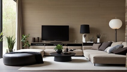 Living room with HDTV and modern decor.
