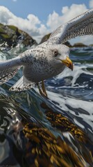 Seagull, with white feathers and black stripes on its wings, yellow beak and feet flying over an ocean pier. - 795077057