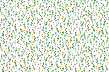 Seamless pattern with cute coloed plants on a white background.