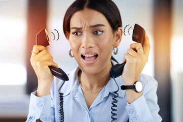 Telephone, phone call and stress of receptionist in office with anxiety, customer service or...