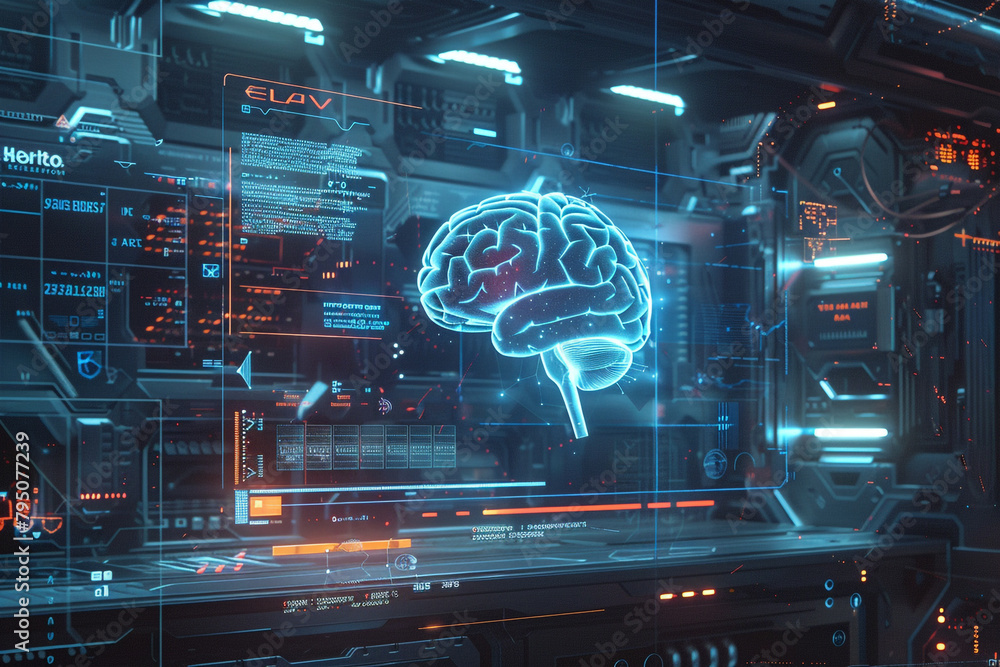 Poster futuristic depiction of brain-computer interface enhancing human capabilities through technology