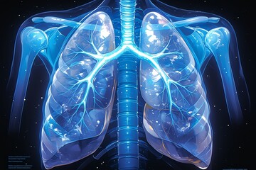 A detailed illustration of lungs with a clear cut animation style, showing the anatomy and structure of the human airways and bronchial tubes. - obrazy, fototapety, plakaty