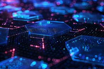 Futuristic digital background with vibrant hexagonal connectivity, symbolizing the dynamic nature of cyber technology - obrazy, fototapety, plakaty