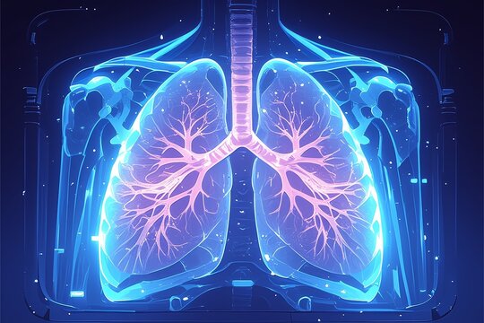A detailed illustration of lungs with a clear cut animation style, showing the anatomy and structure of the human airways and bronchial tubes.